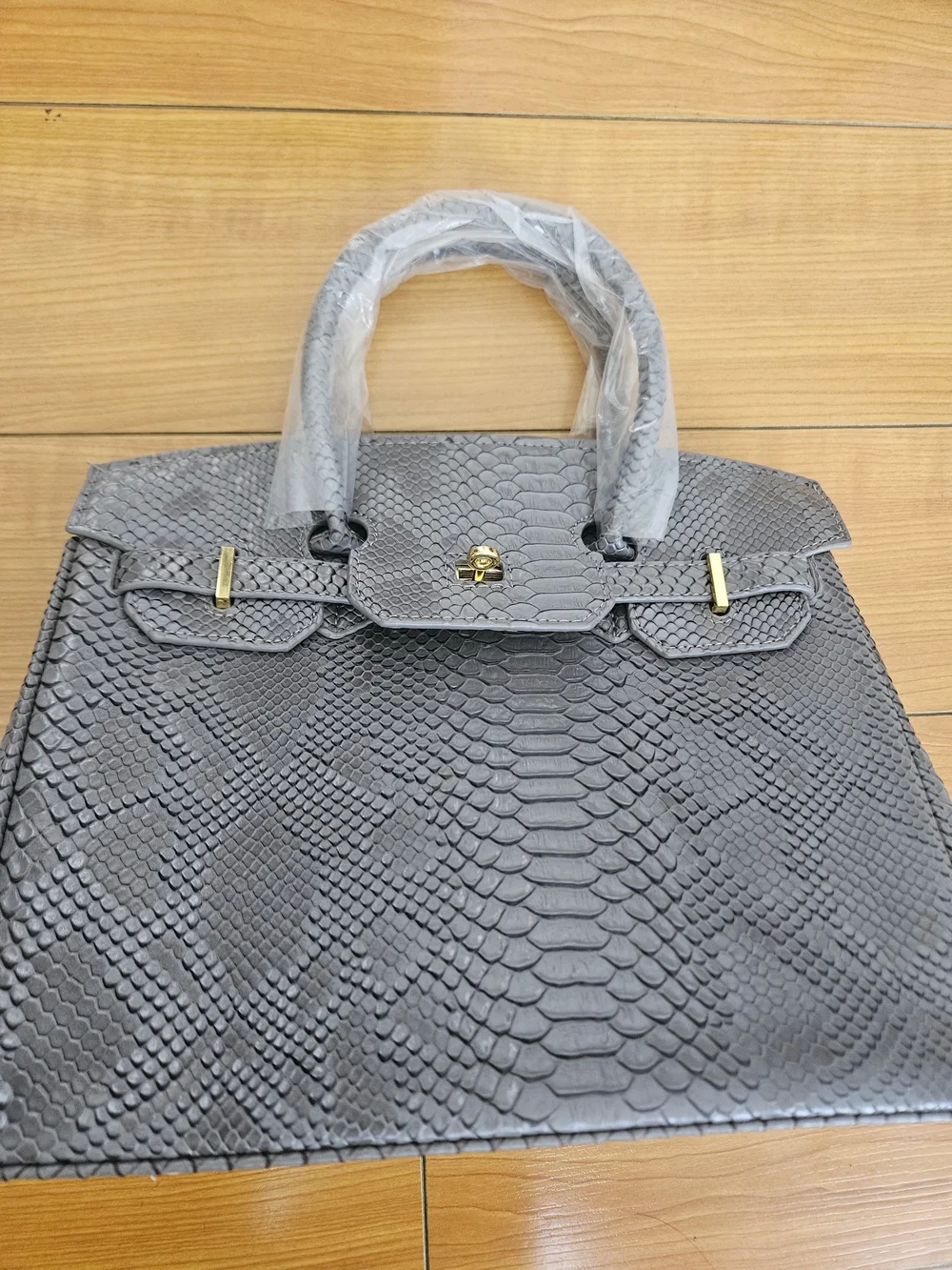 Gray Textured Faux Leather Tote Bag with Gold Hardware + 1 Long Strap INCLUDED